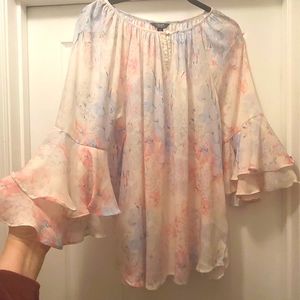 Large Chaps Women's Blouse Floral Pink Blue Flared Sleeve Chiffon Pullover